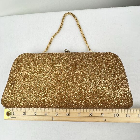Gold Glitter Clutch Handbag Kiss Lock Evening Wedding Prom Glam Old Hollywood - Picture 11 of 13